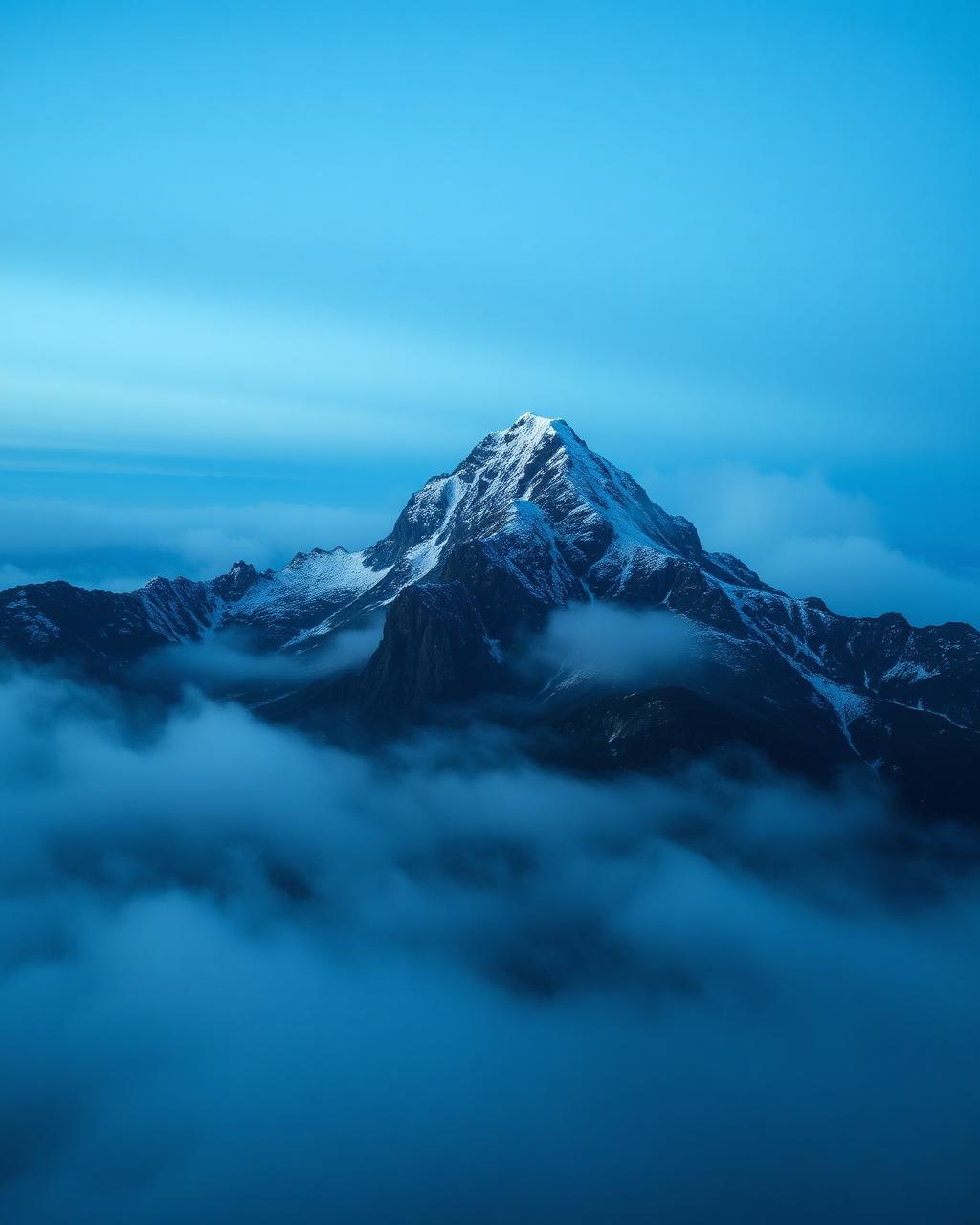 Mist covered Norwegian mountain peak at dusk blue hour